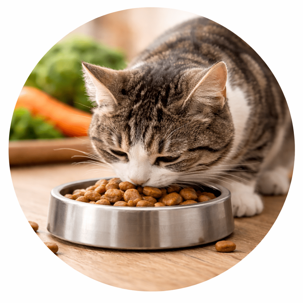 Small tabby cat eating dry pet food from a metal bowl on a wooden floor, representing proper nutrition and healthy pet care.