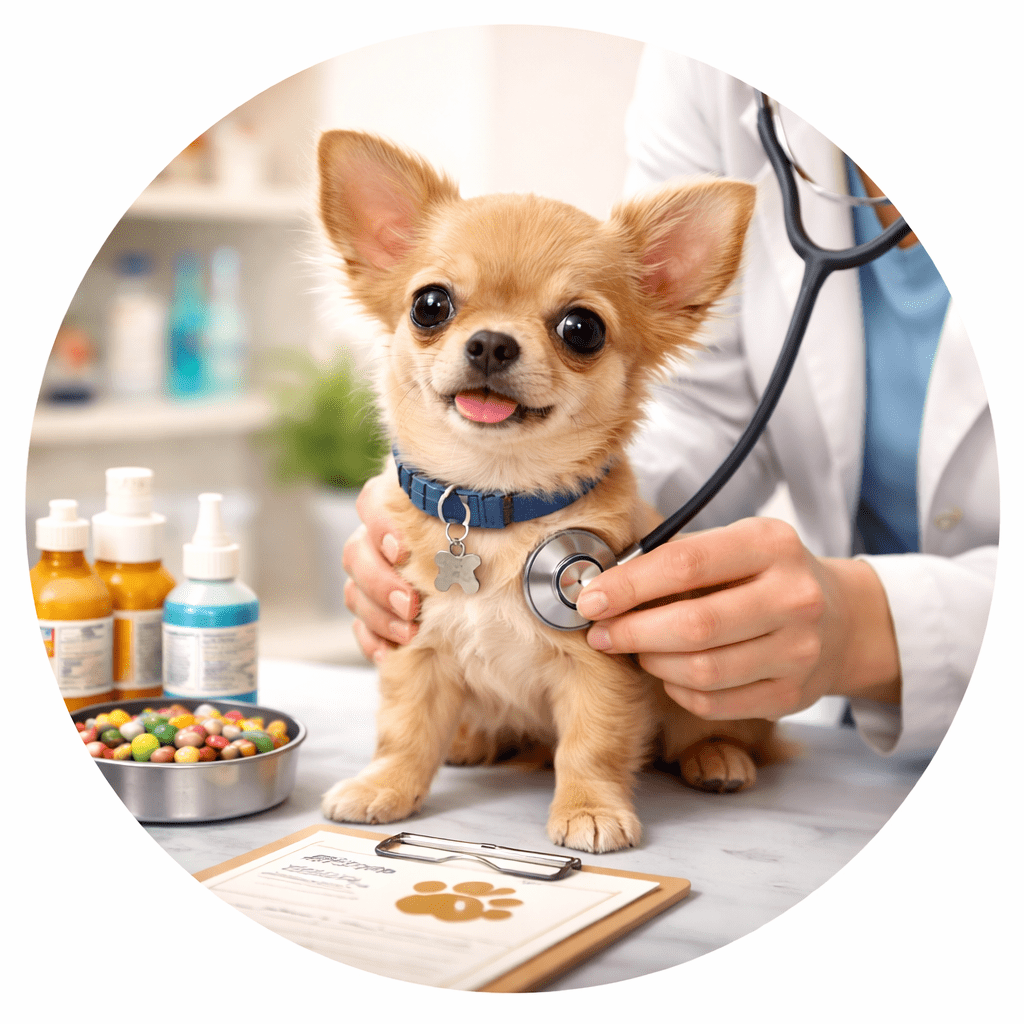 Tiny Chihuahua puppy being examined by a veterinarian with a stethoscope during a routine health check in a veterinary clinic.