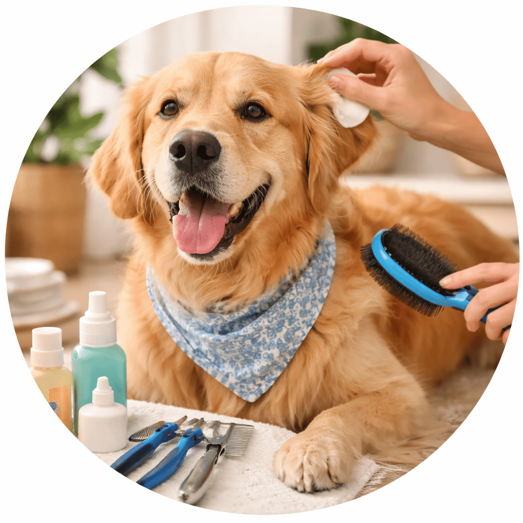 Golden retriever being brushed and having its ears cleaned with grooming tools nearby, representing regular pet hygiene and care routine.