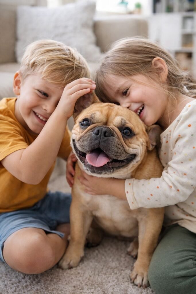French Bulldog playing with children