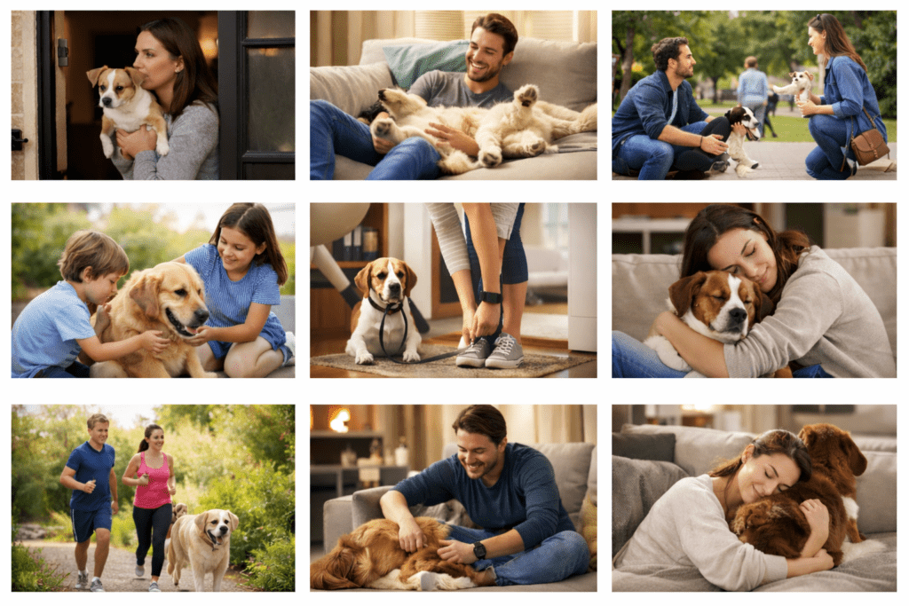 happy people with their dogs illustrating the benefits of having a dog