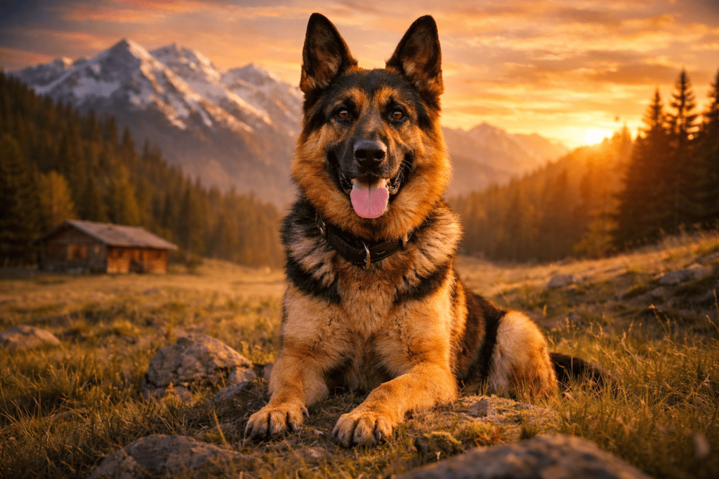 A German Shepherd dog sitting calmly in a green mountain meadow during sunset, with trees and mountains in the background.