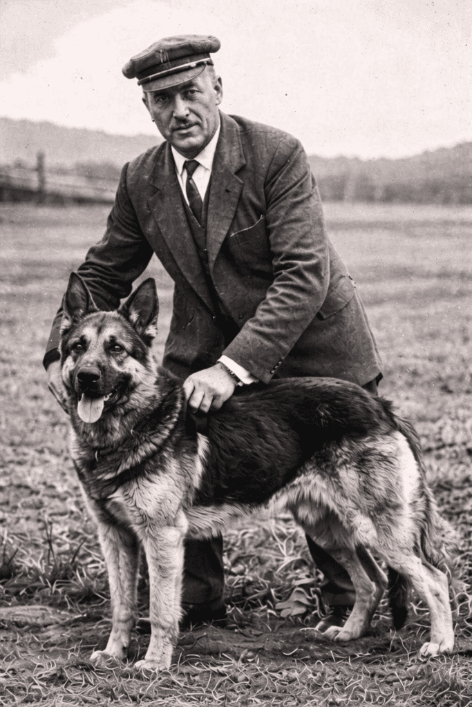 Historic black and white photo of a man with a German Shepherd dog