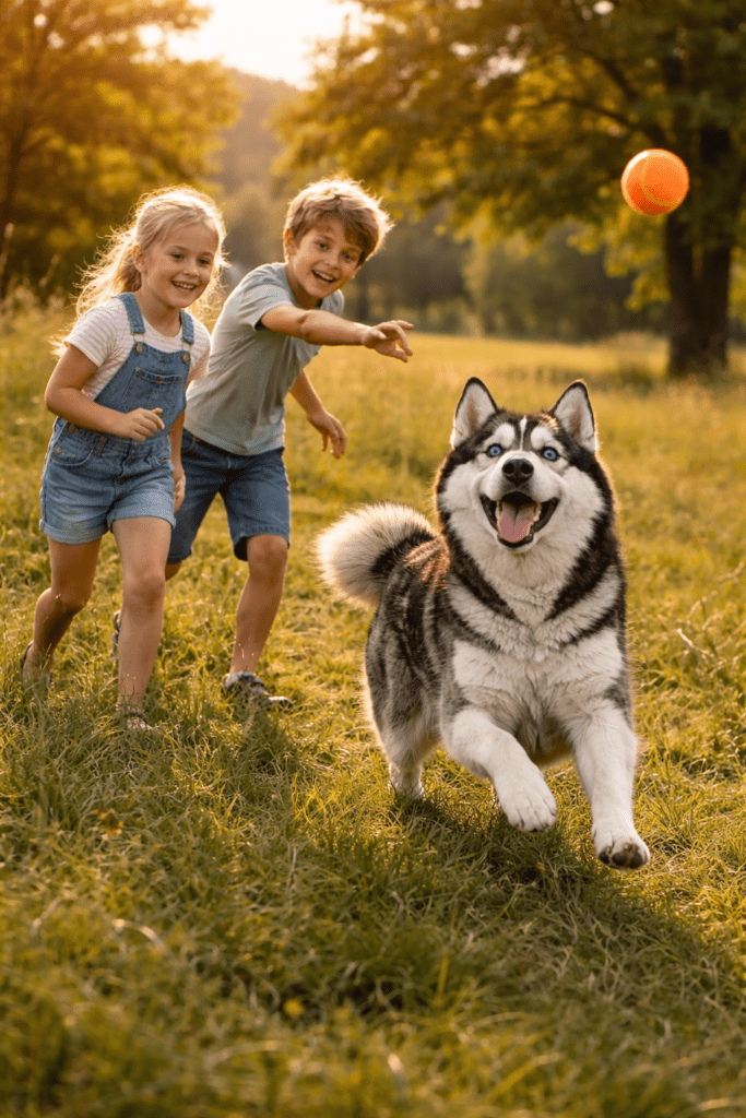 children playing fetch with a siberian husky in a field.