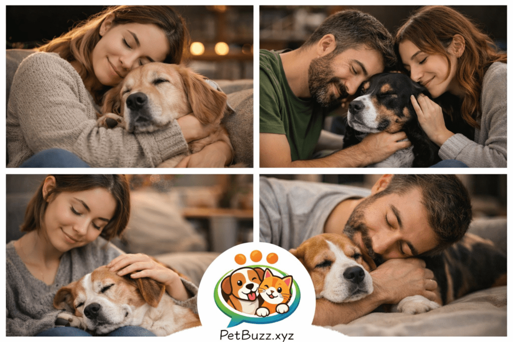 people cuddling their dogs in warm, emotional moments.